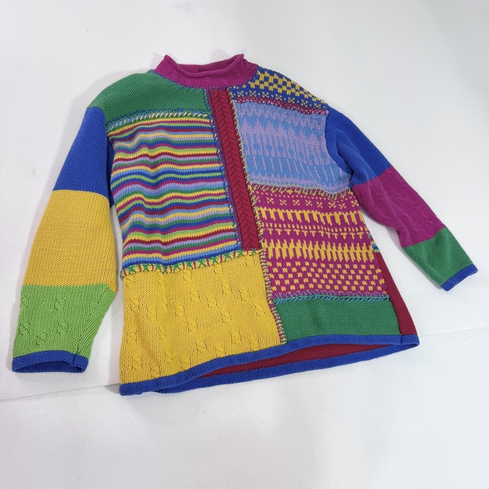Vintage Lizwear Sweater Womens Medium Multicolor Patchwork Mock Neck 90s